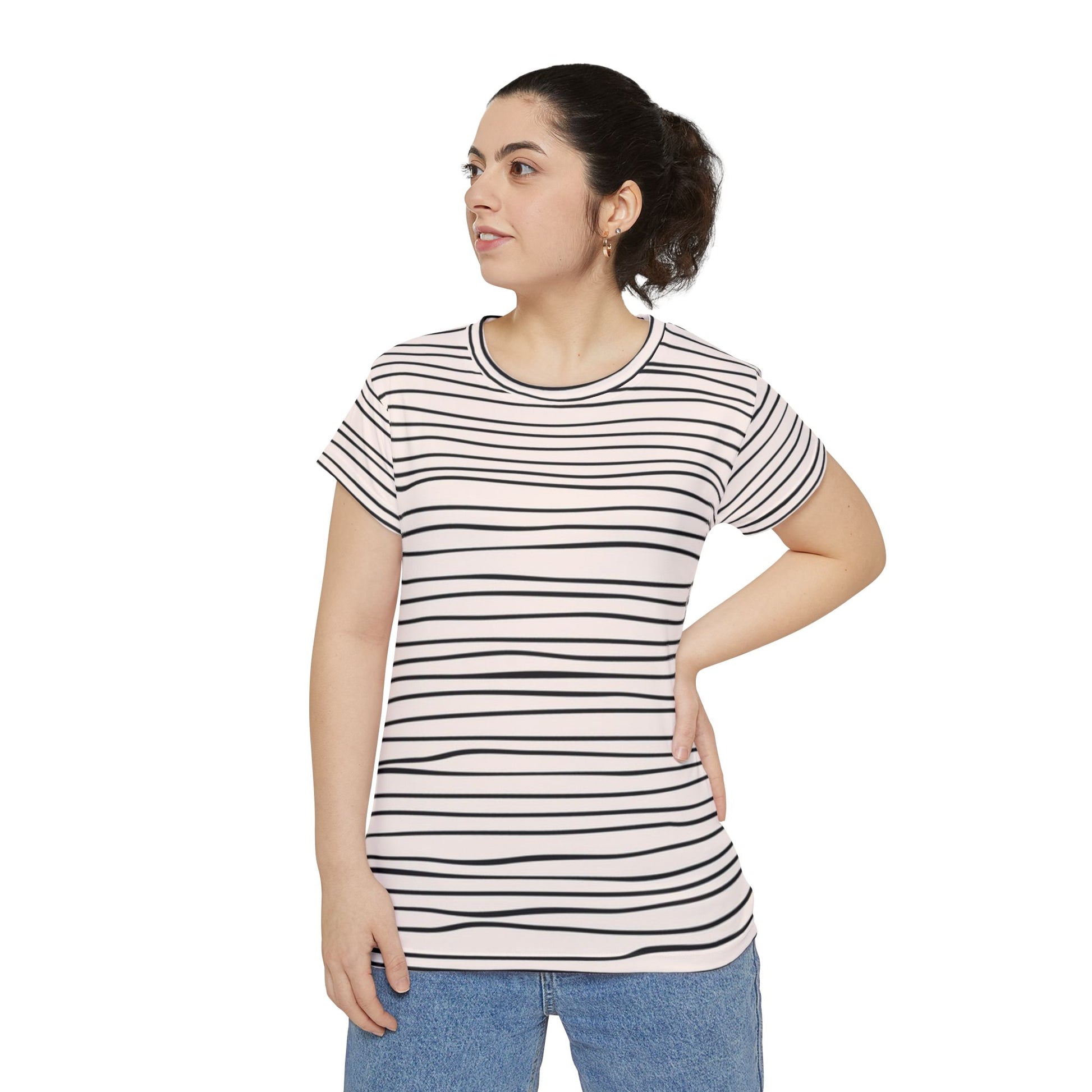 Woman wearing a black and white thin stripes T-shirt