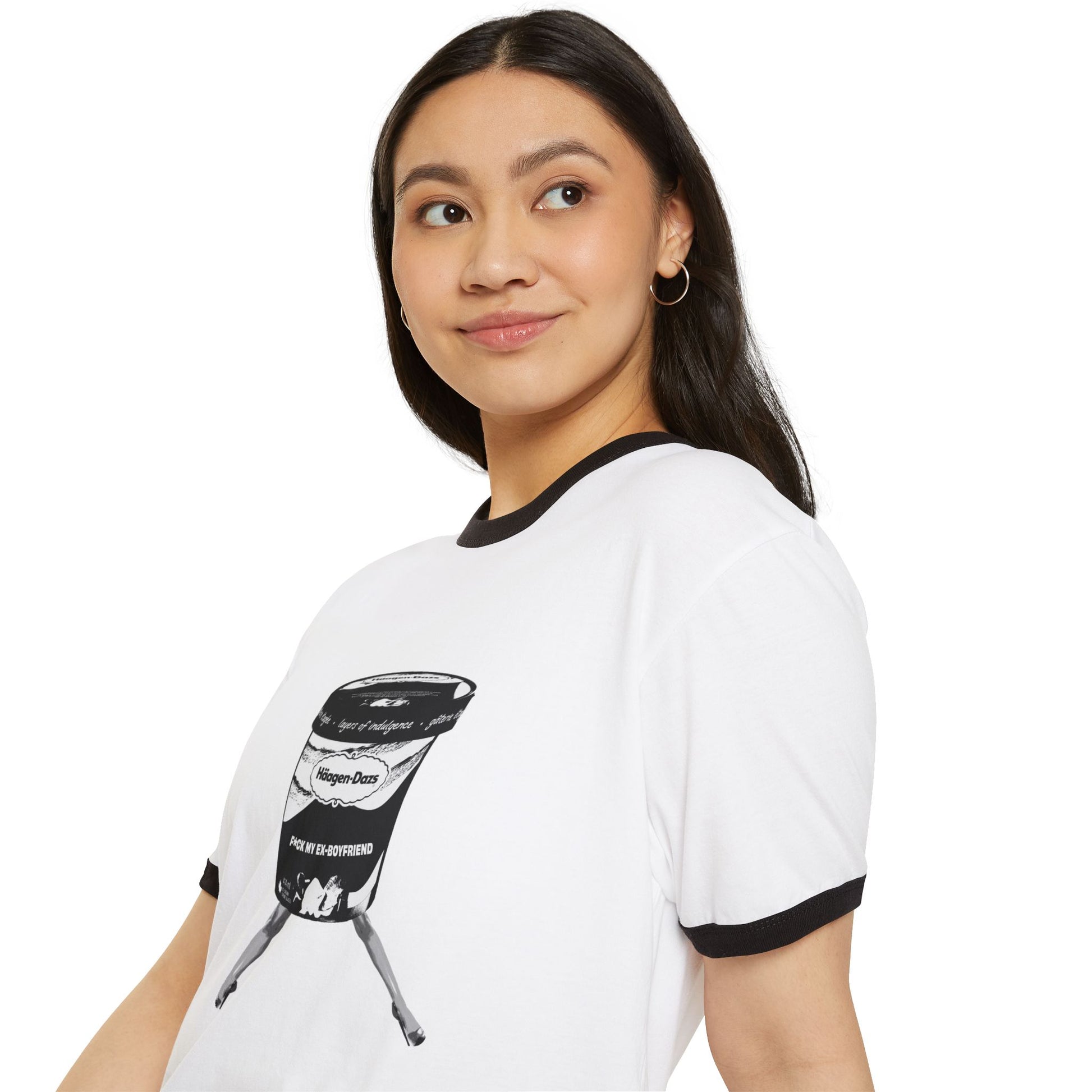 Woman smiling in white ringer t-shirt with breakup ice cream bucket design
