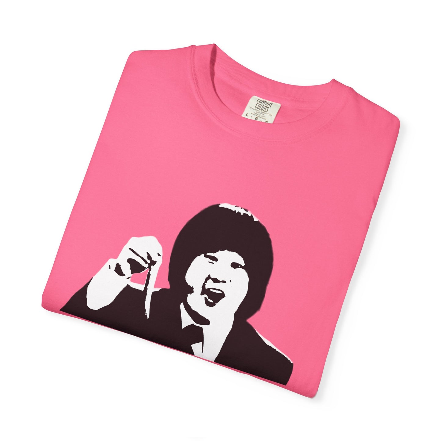 Bright pink Uh Oh Hot Dog T-shirt folded, displaying Bobby Lee’s iconic expression.