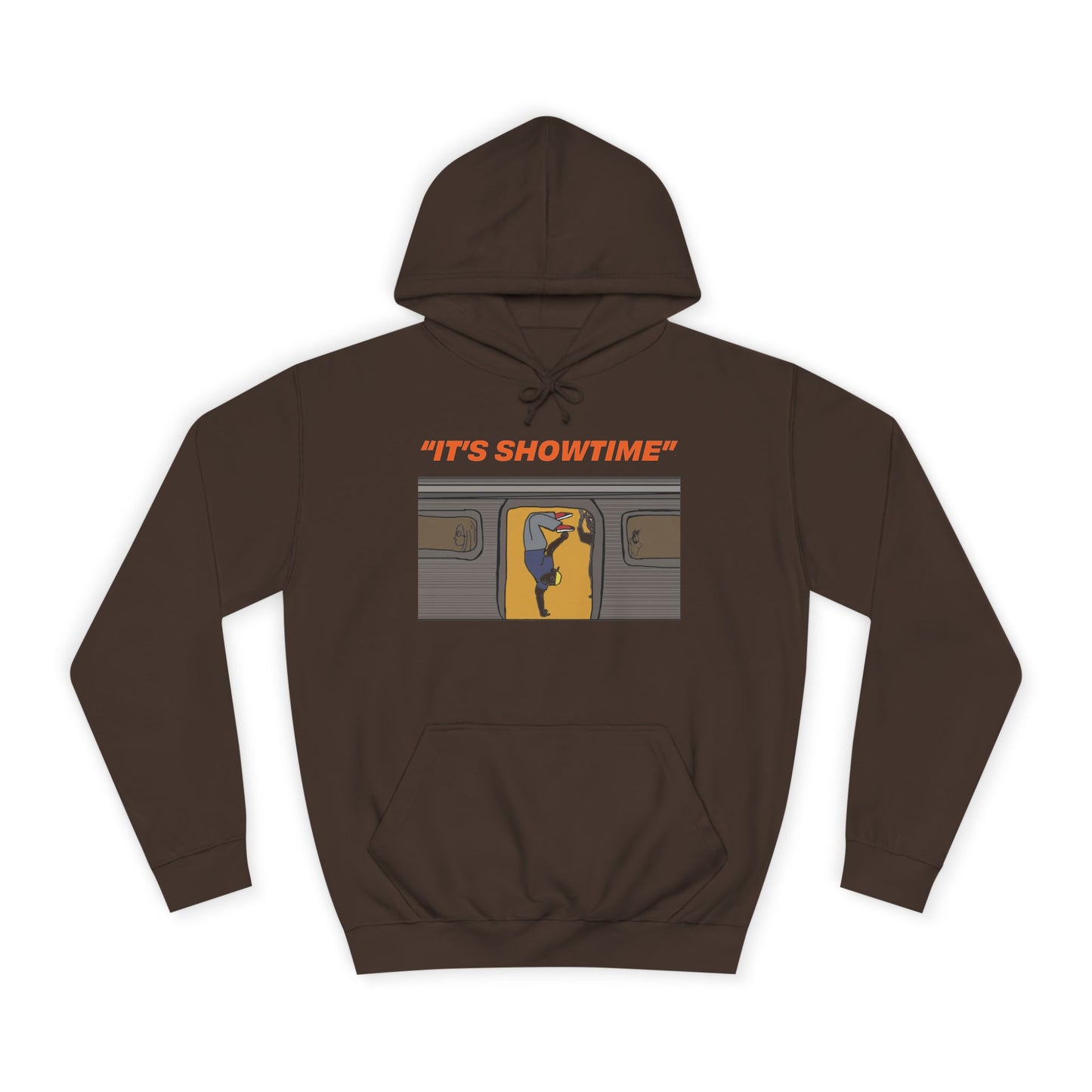 Dark brown It’s Showtime Hoodie with subway performer artwork on front.
