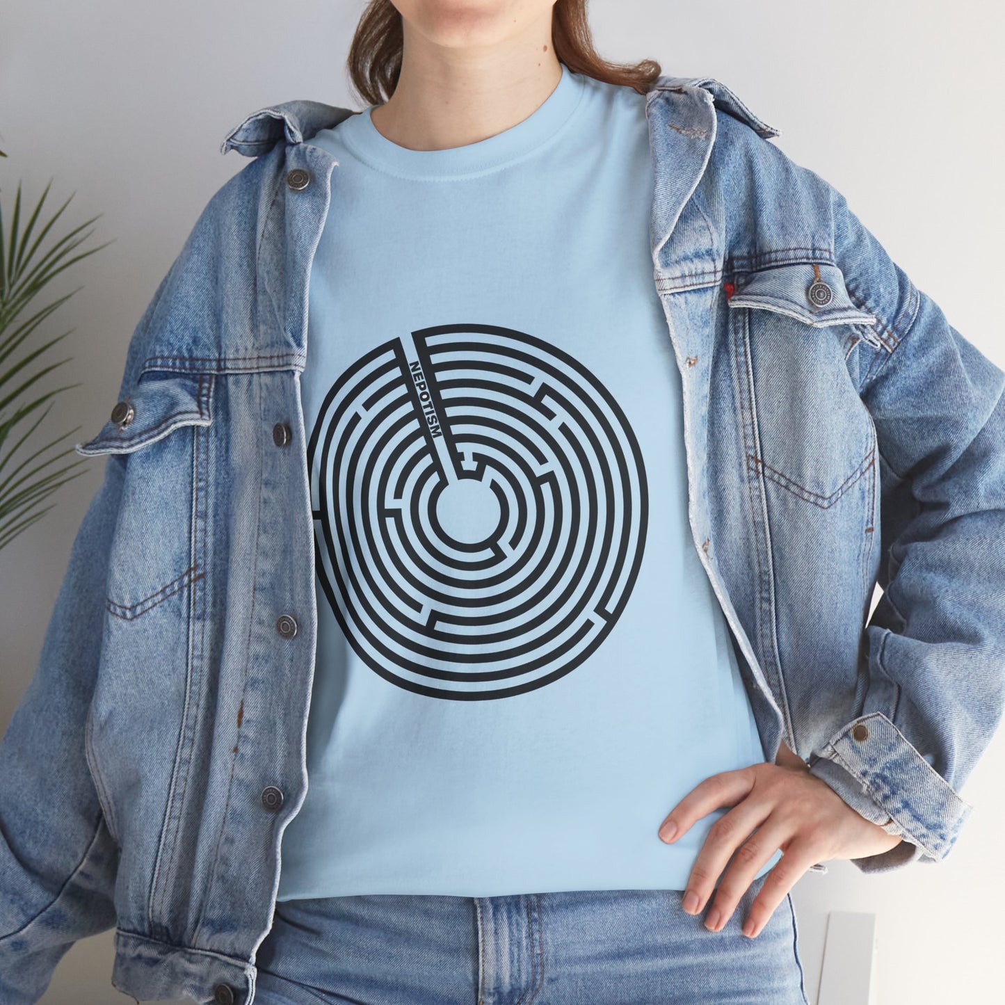 Casual outfit featuring Nepo T-Shirt in light blue under denim jacket