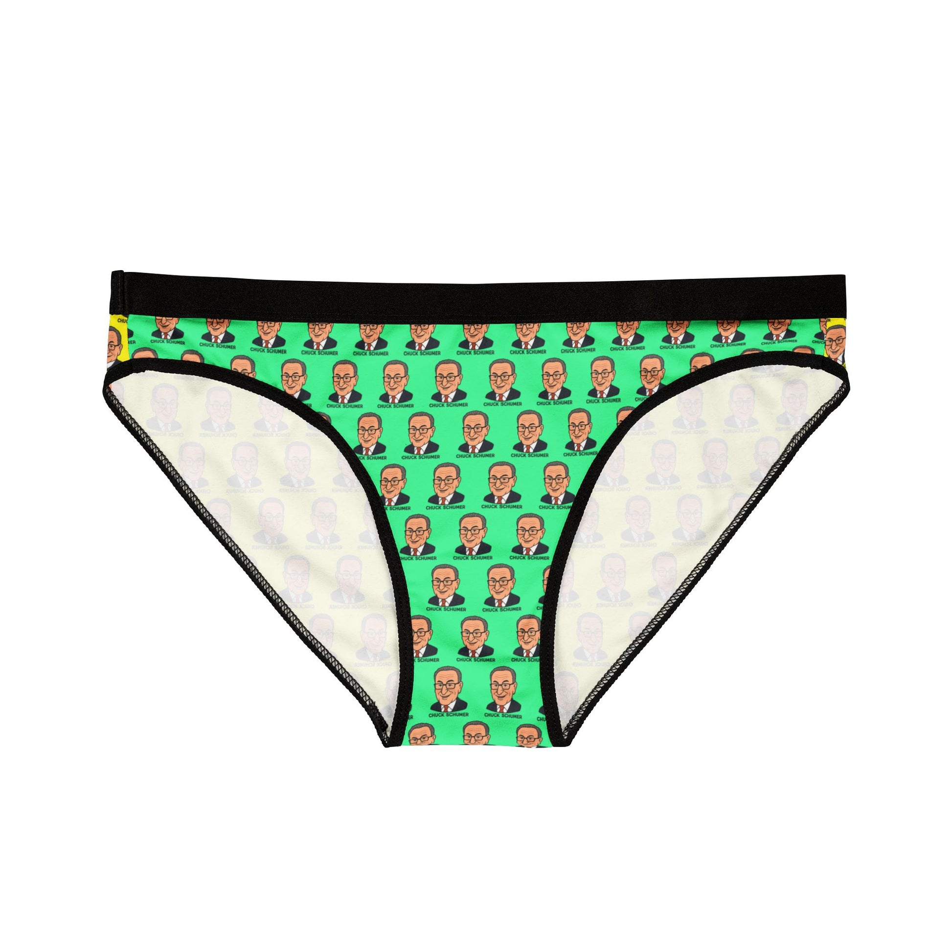 Flat lay front view of Chuck Schumer face print women’s underwear on green background with black trim