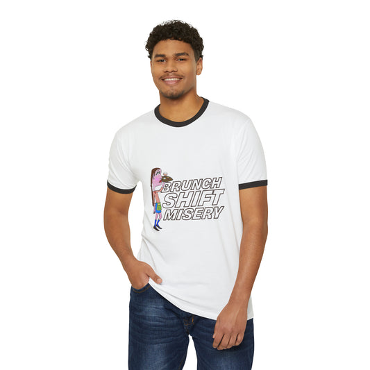 A man wearing a white crew neck t-shirt with the text 'BRUNCH SHIFT MISERY' printed on the front.