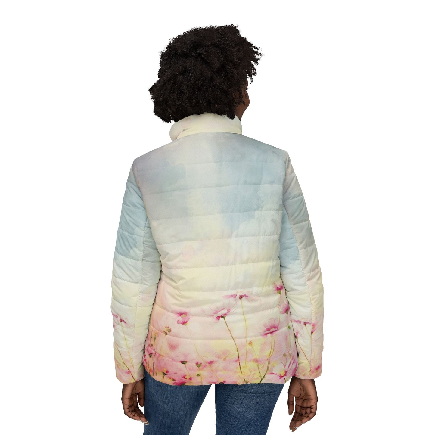 Model wearing Pink Amapola Women’s Puffer Jacket back view floral pattern