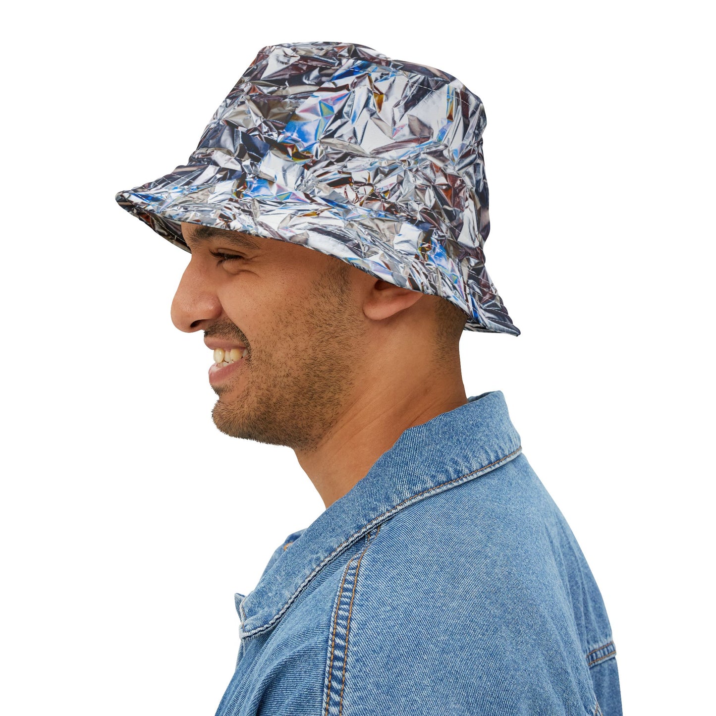 Man smiling wearing Tinfoil Bucket Hat with metallic foil print, side profile view
