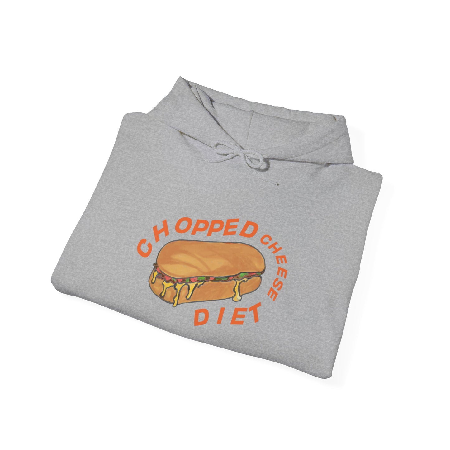 Folded gray hoodie showing “Chopped Cheese Diet” sandwich graphic on front.
