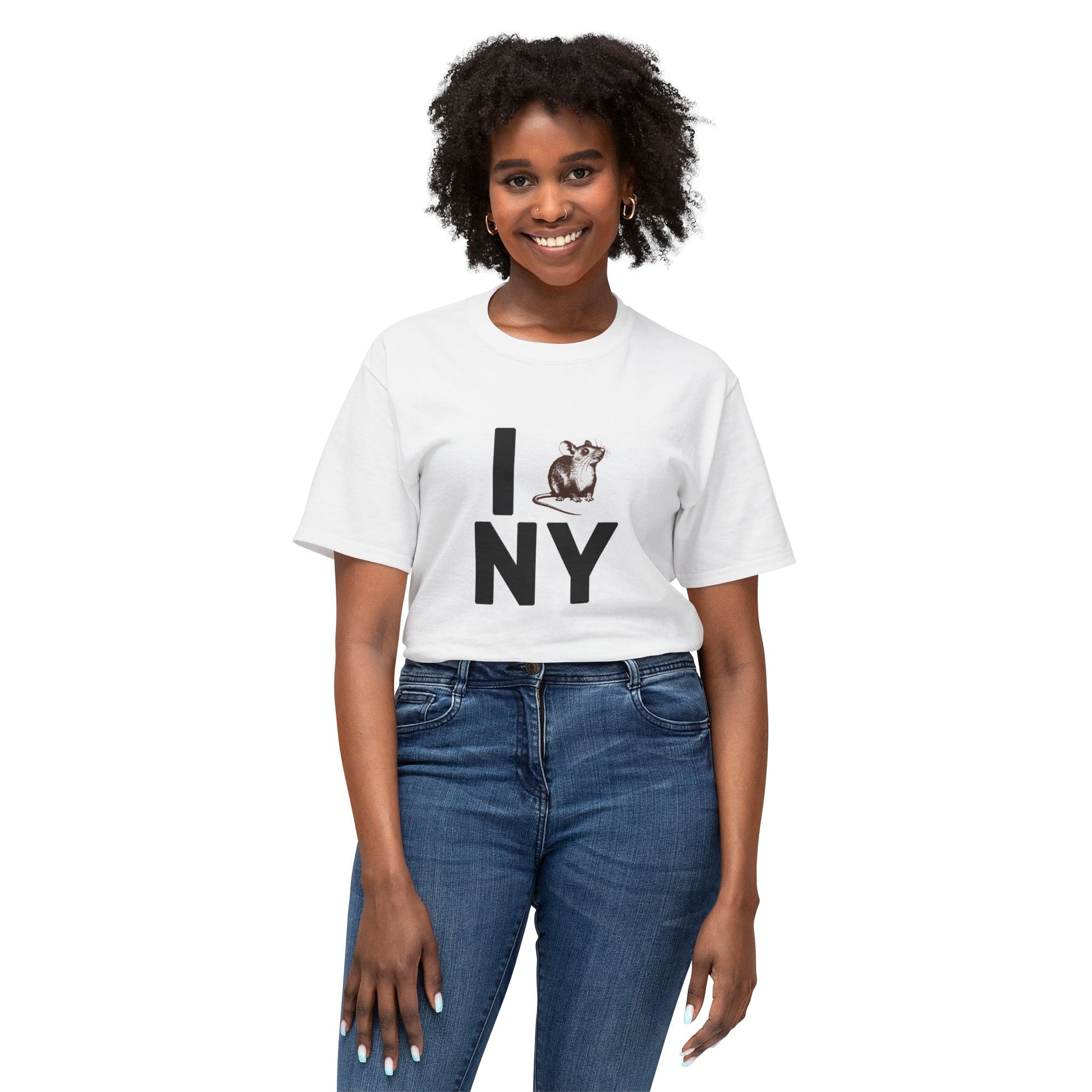Female model wearing white NY RAT T-Shirt with bold "I ♥ NY" rat graphic.