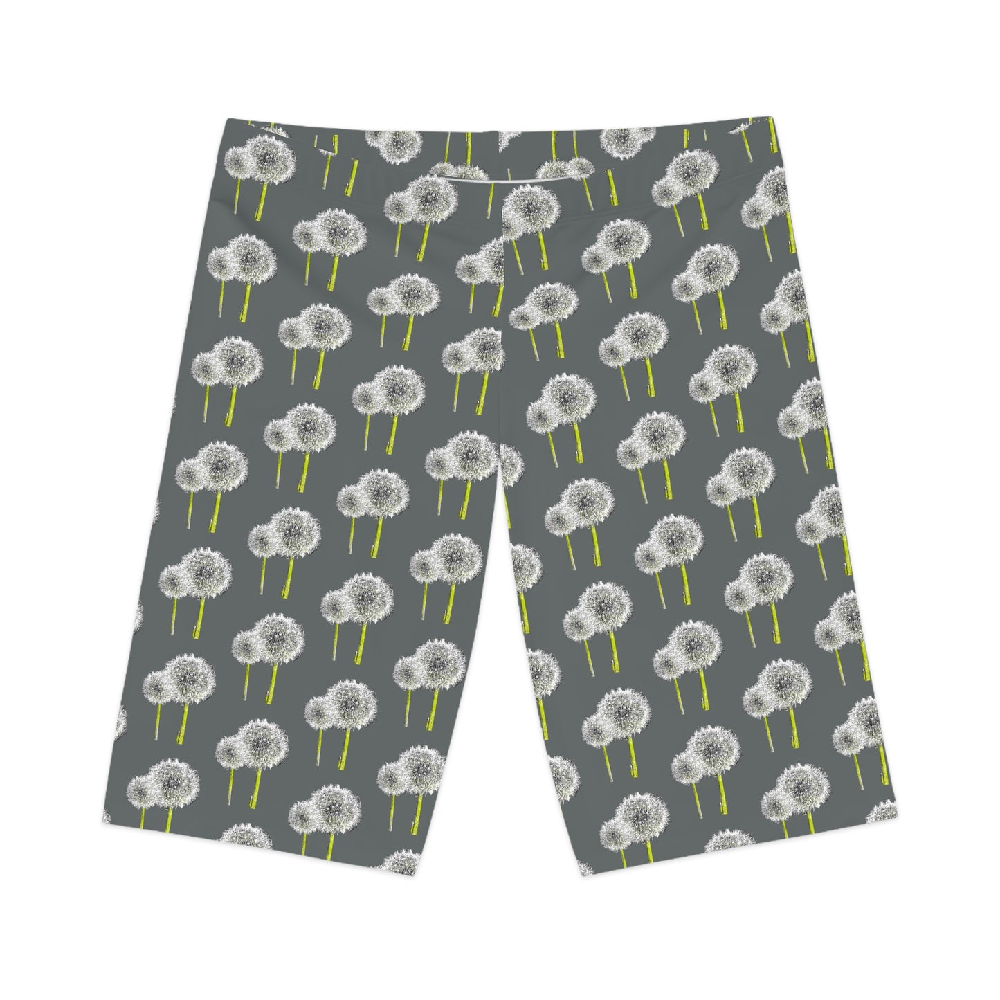 Flat lay front of Dandelion Women’s Bike Shorts with gray base and white dandelion print