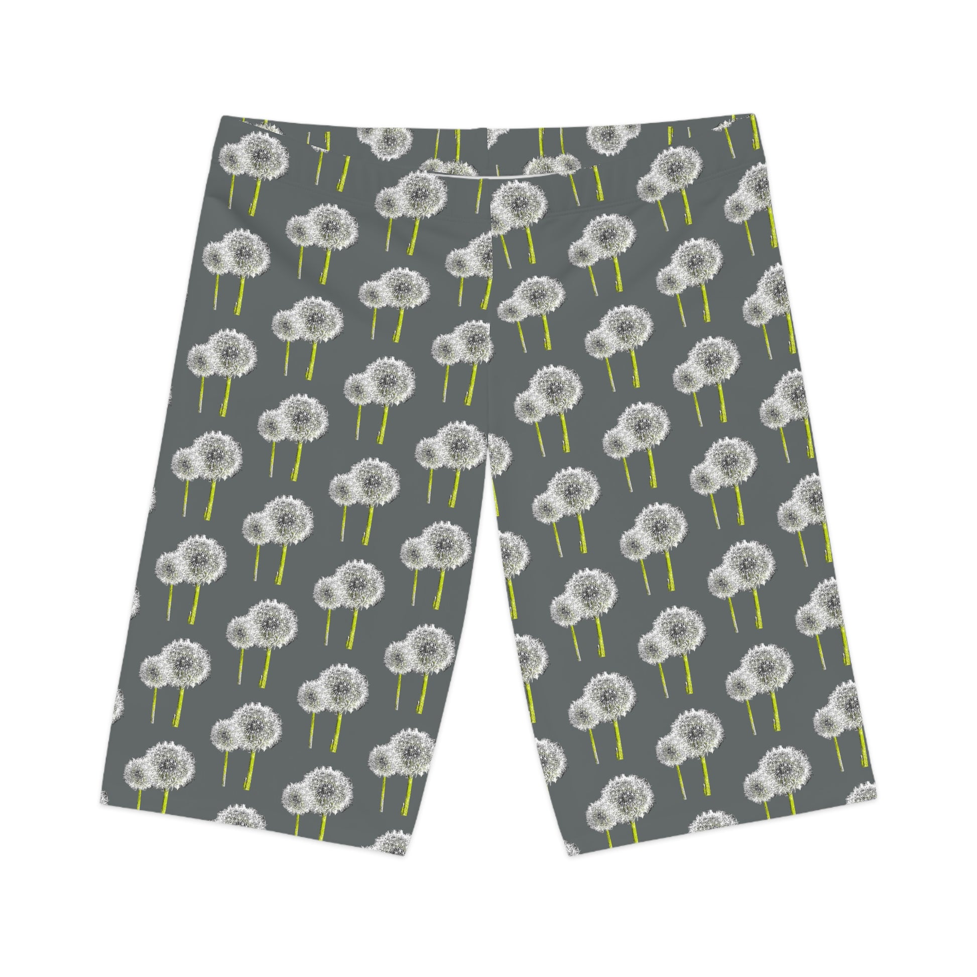 Flat lay front of Dandelion Women’s Bike Shorts with gray base and white dandelion print