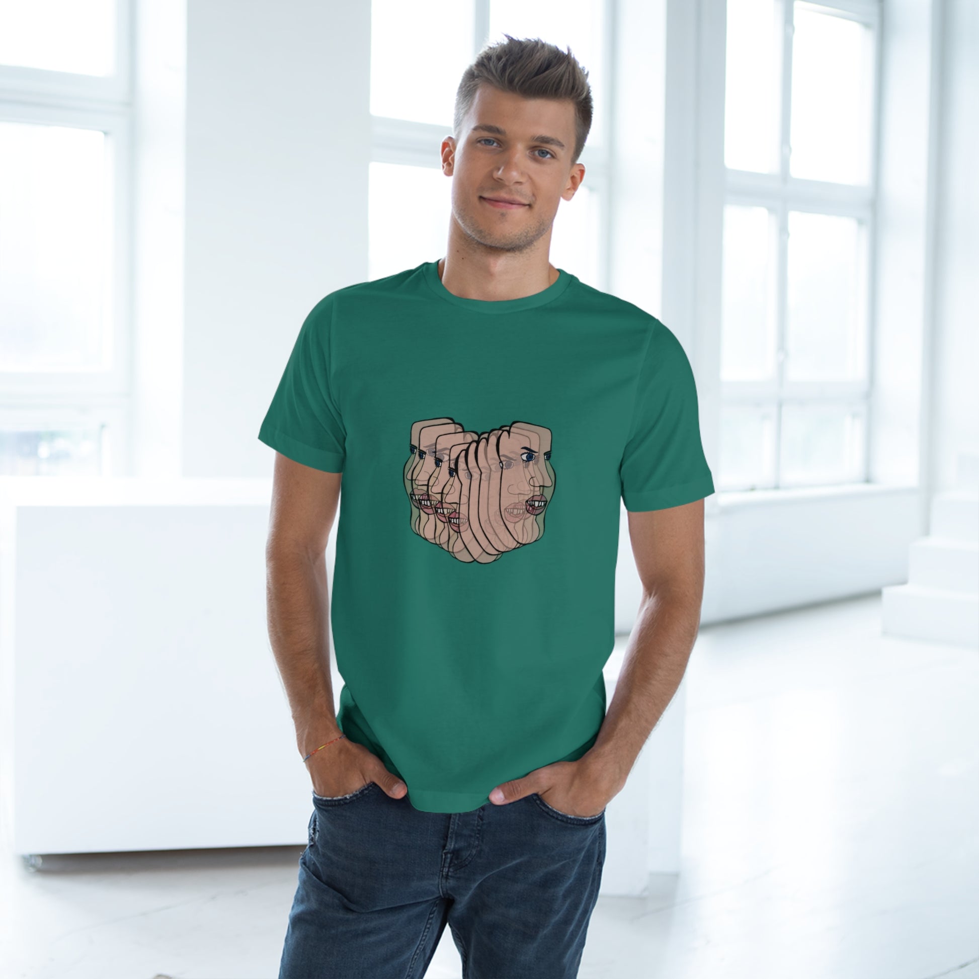 Man in forest green Charlie art t-shirt, relaxed pose with natural light