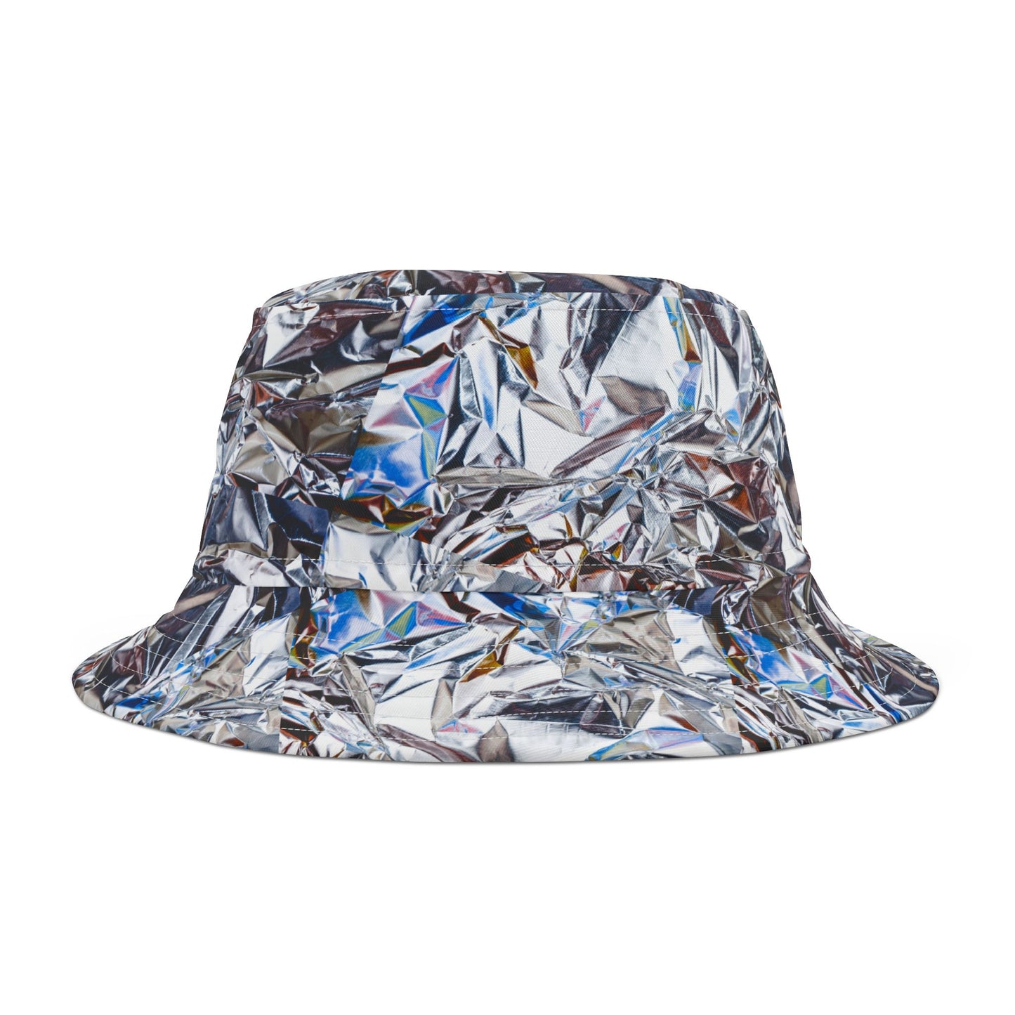 Flat lay angled view of Tinfoil Bucket Hat with reflective crinkled foil design