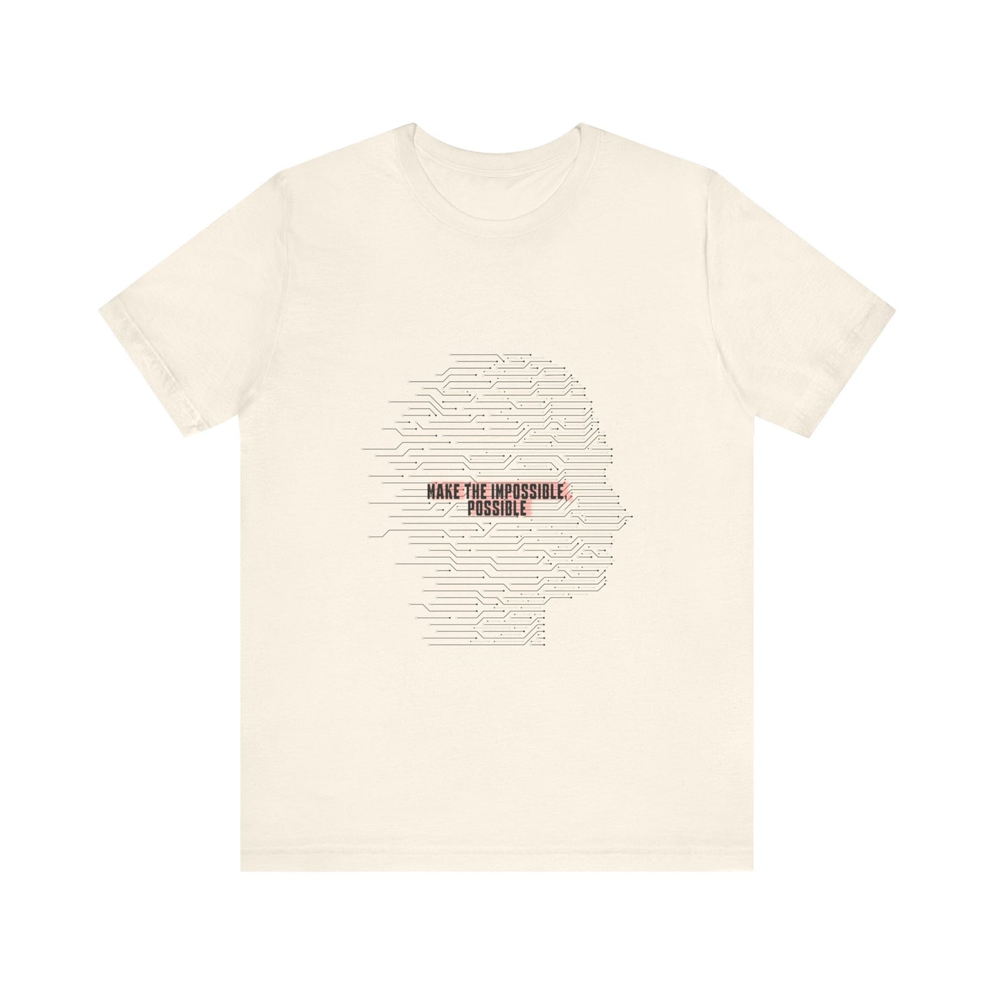 Beige t-shirt with a graphic design and text on a white background