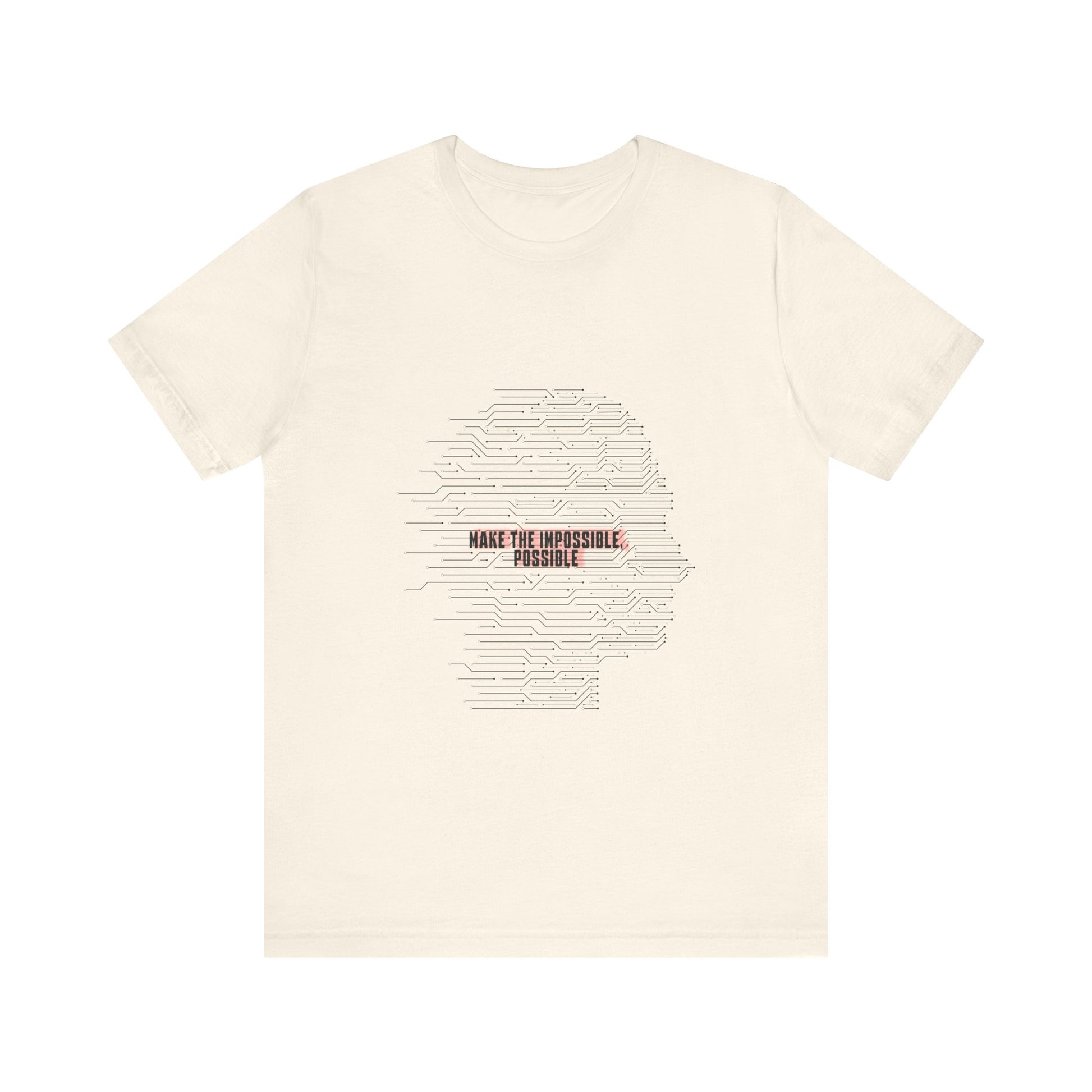 Beige t-shirt with a graphic design and text on a white background