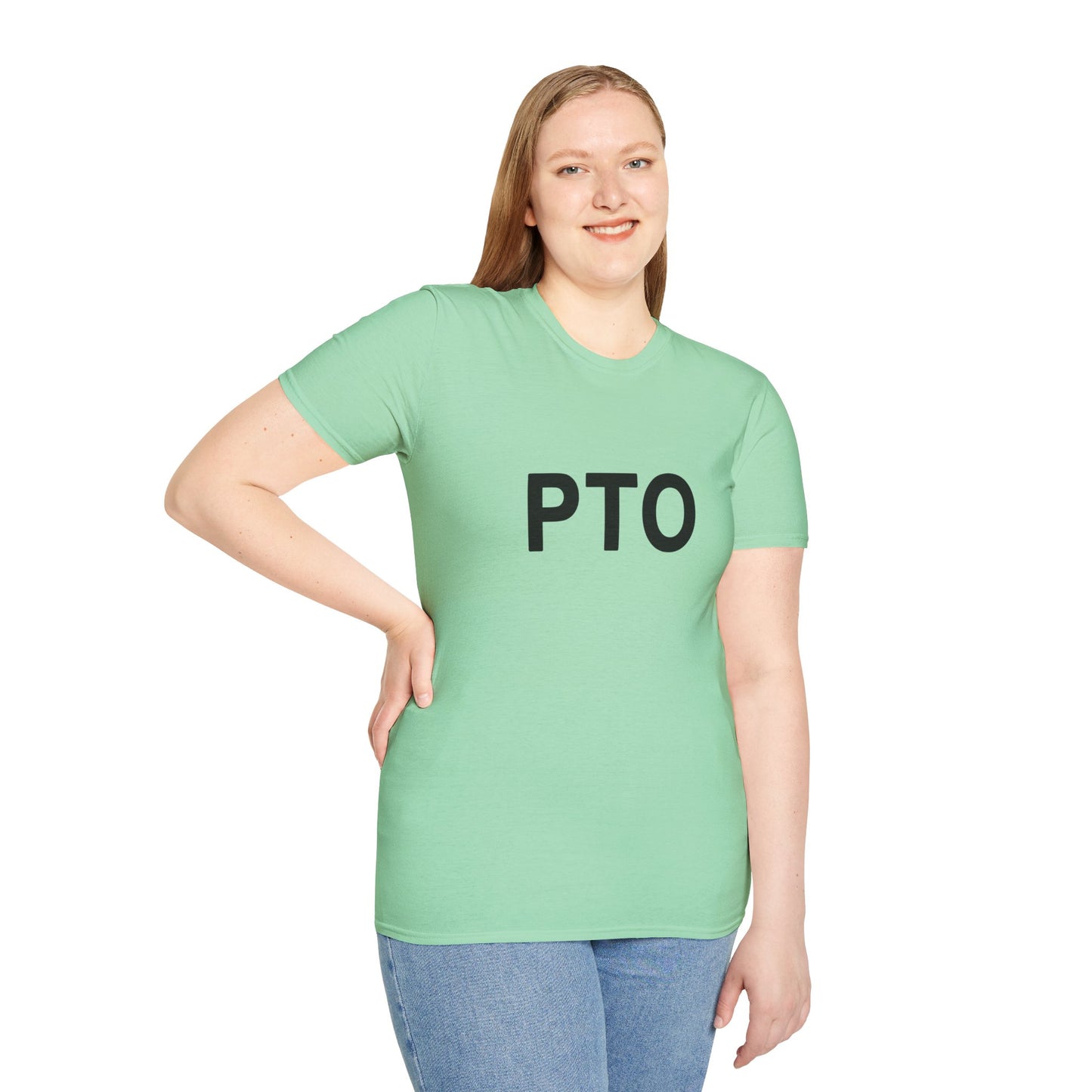 Person wearing a light green t-shirt with 'PTO' text on a white background