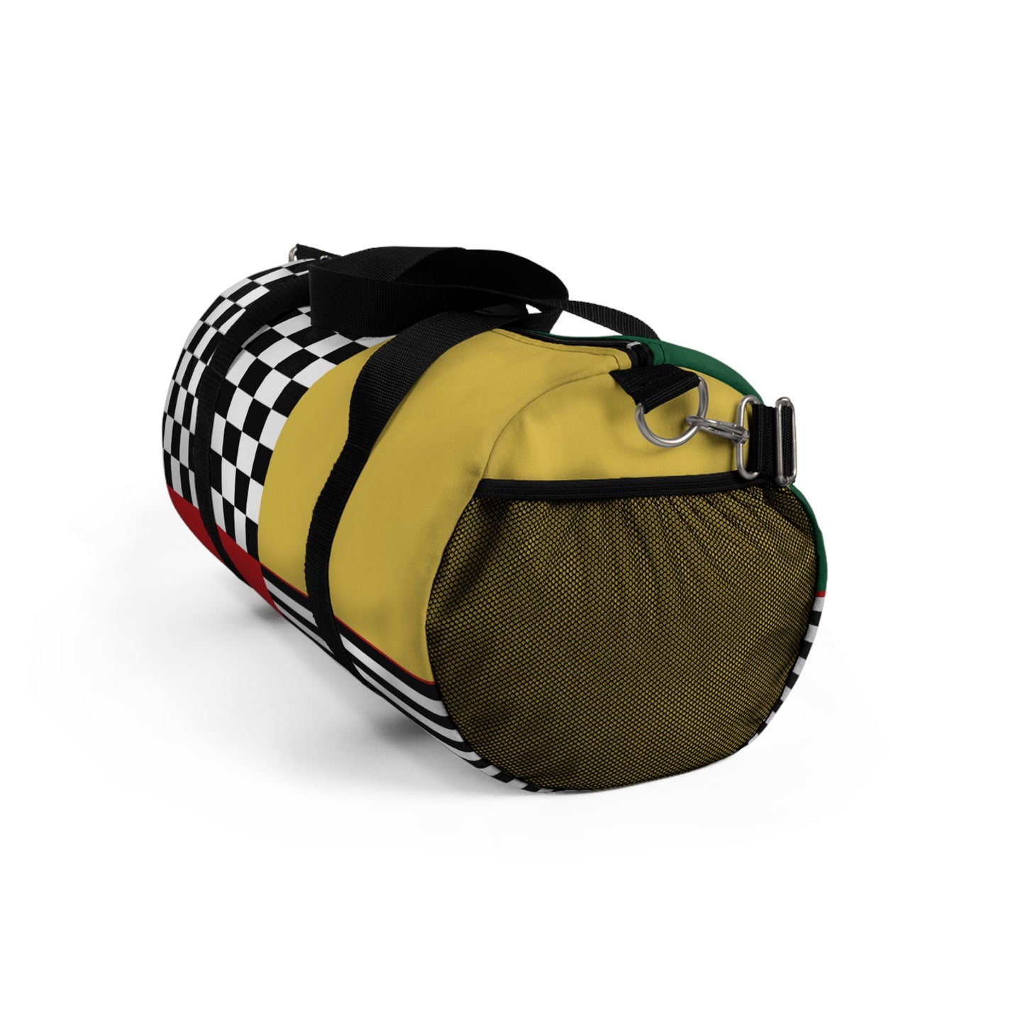 Multicolored duffel bag with checkered pattern on a white background