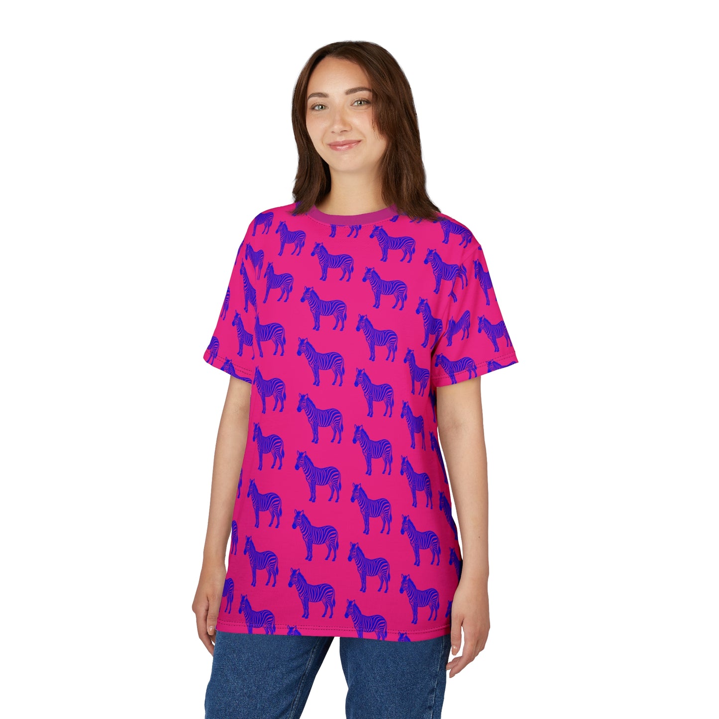 Woman wearing Blue Zebra Unisex T-Shirt with jeans, front casual standing view.