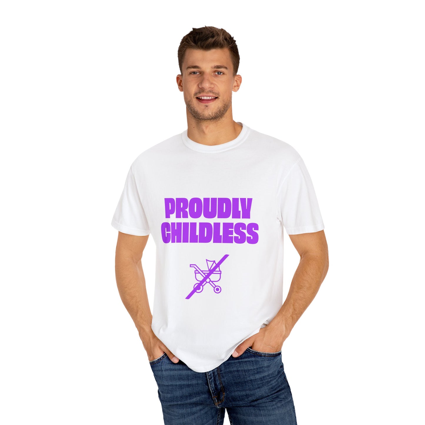 Man wearing white Proudly Childless T-Shirt with purple text