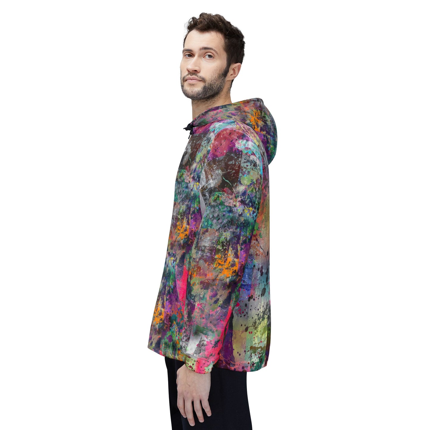 Side view of male model in Color Splash Windbreaker Jacket showing pink and green splashes on sleeve.