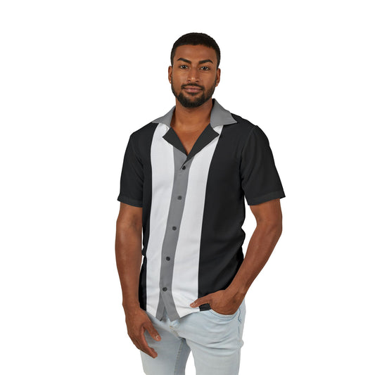 Black & White Men's Golf Shirt featuring a retro two-tone stripe design, perfect for casual and vintage-inspired fashion lovers.