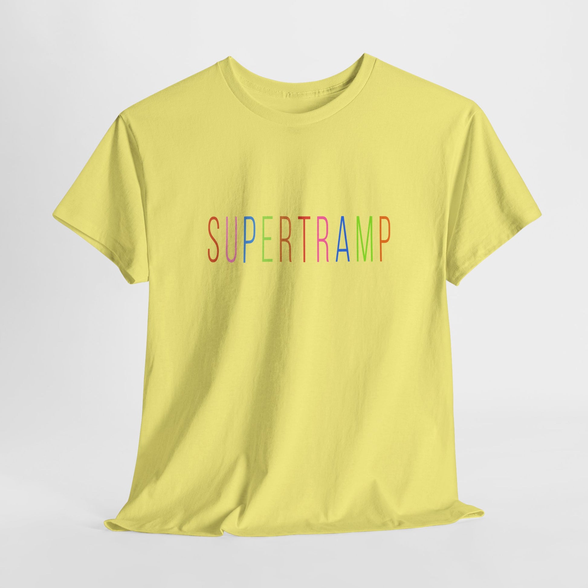 Yellow Supertramp t-shirt laid flat, multicolor retro logo on front.