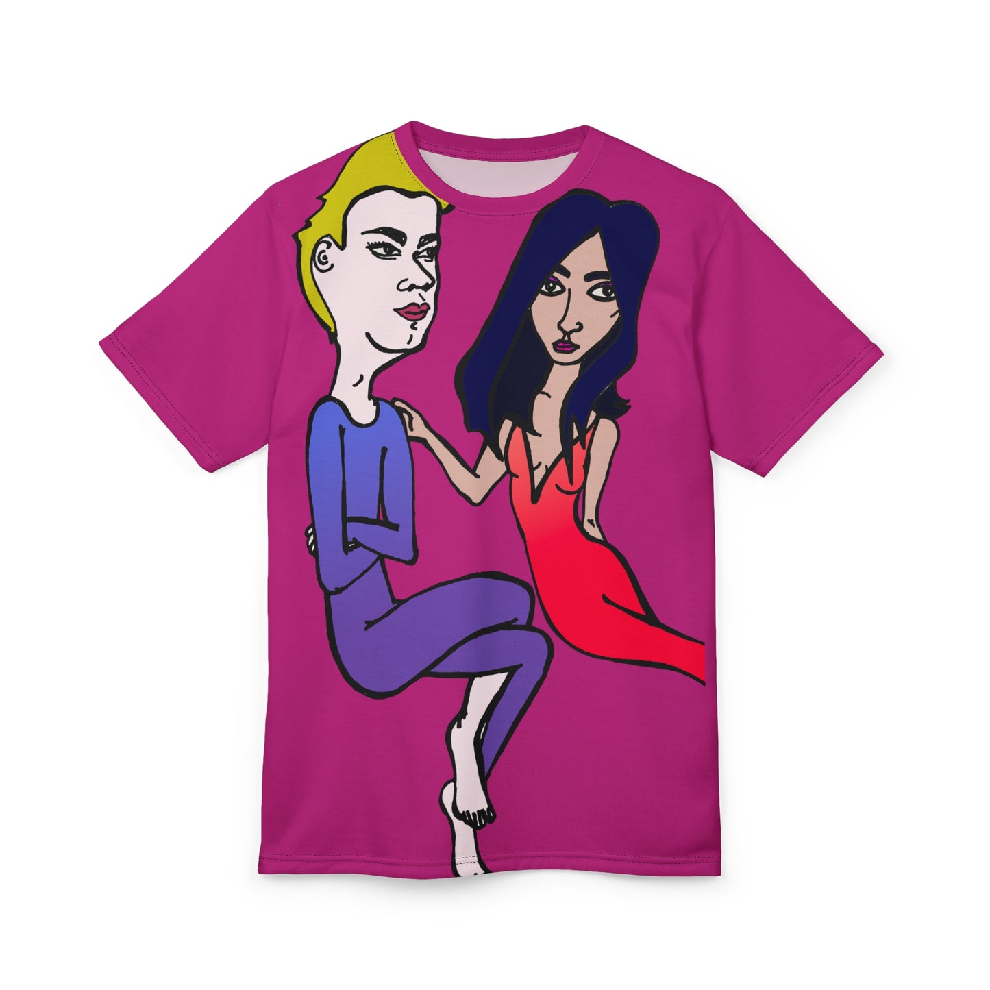 Flat lay of the Julia and Marcus hand-drawn couple tee showing the complete illustration of Julia in red and Marcus in purple on a magenta shirt.
