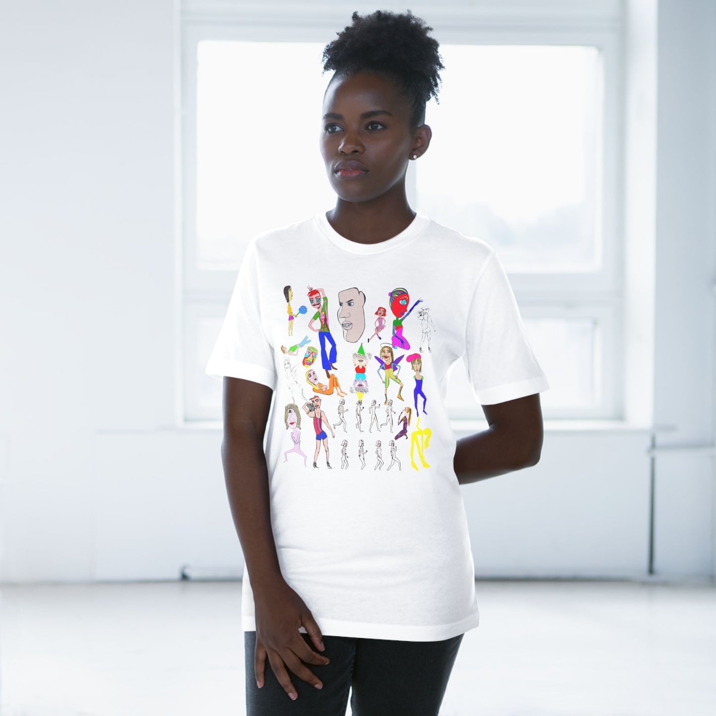Female model wearing white Mix Unisex Deluxe T-Shirt with colorful hand drawn design.