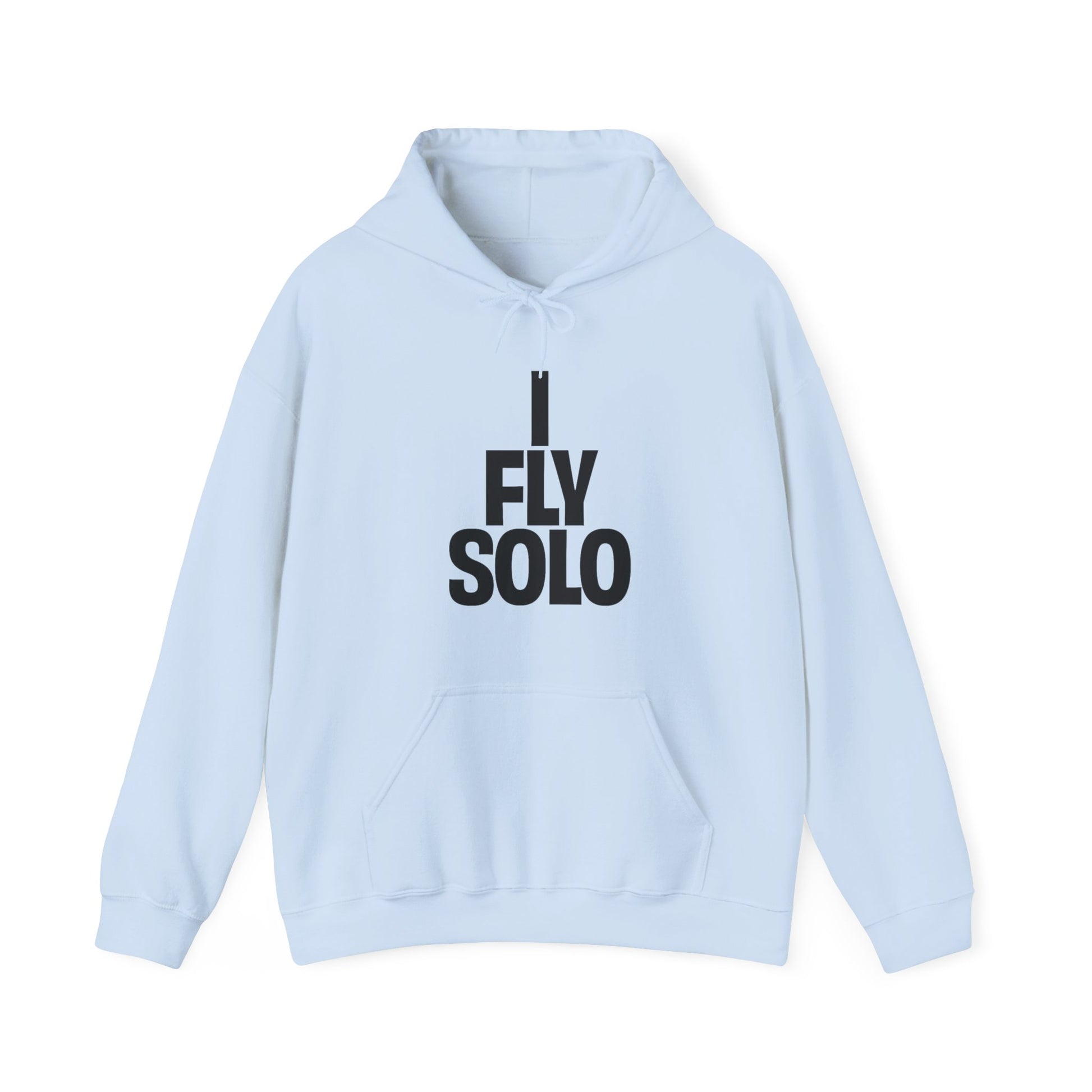 Light blue hoodie with 'I Fly Solo' text on a white background