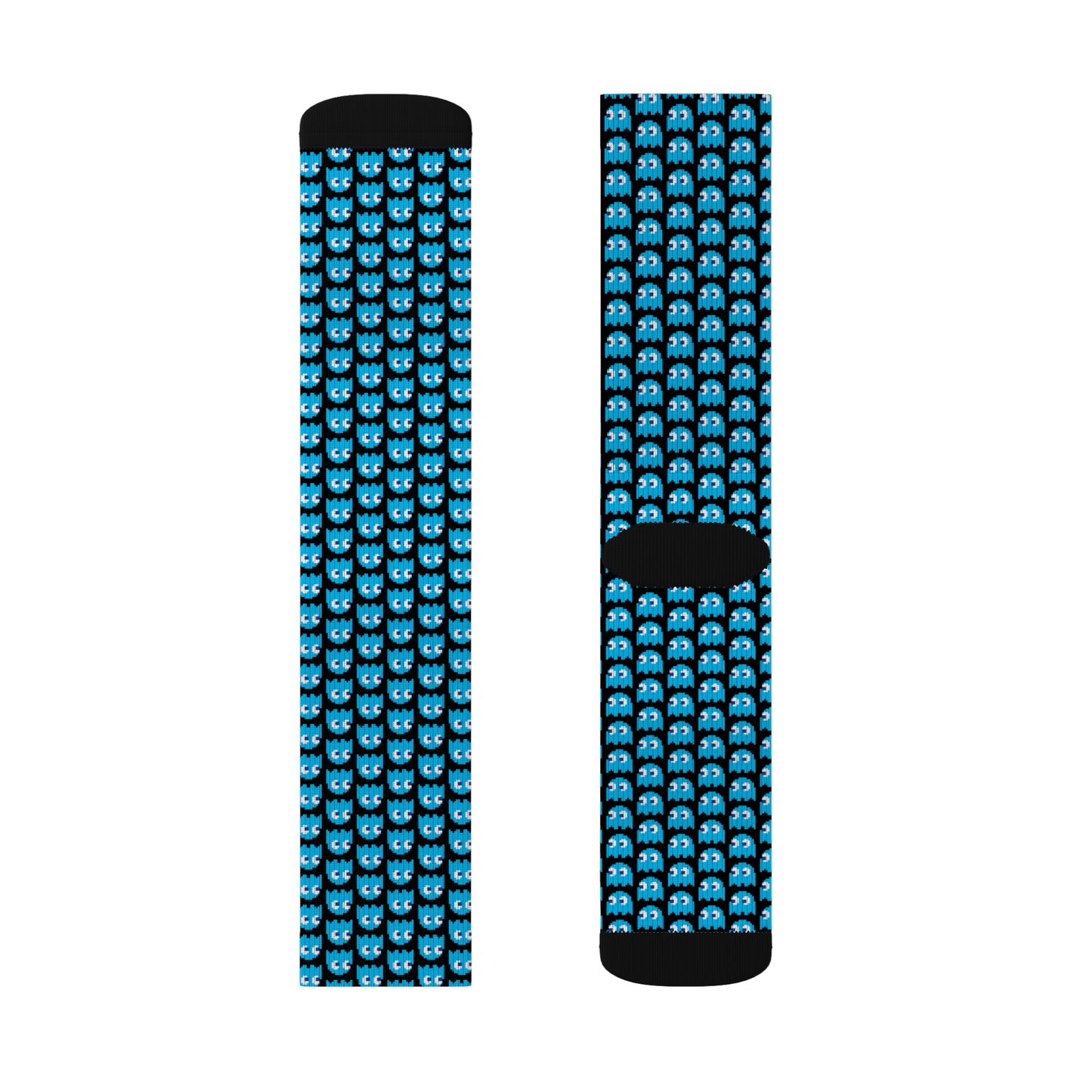 Inky Ghost Crew Socks – Retro Arcade Gamer Socks shown flat displaying front and back views on a white background