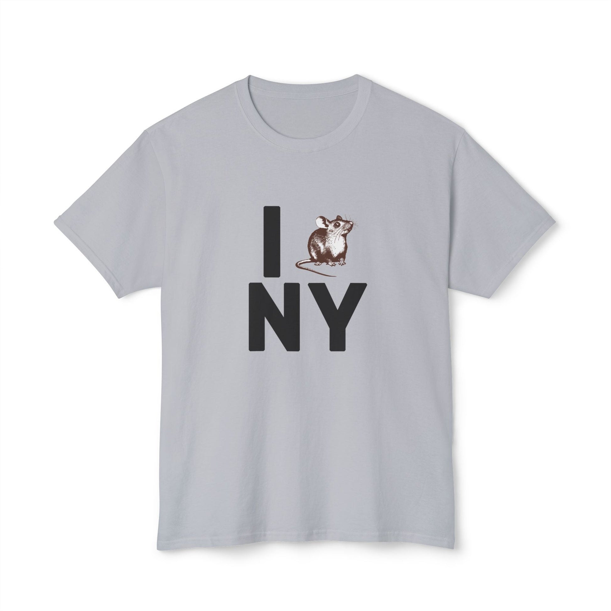 Flat lay of NY RAT T-Shirt in light gray with iconic NY rat design.