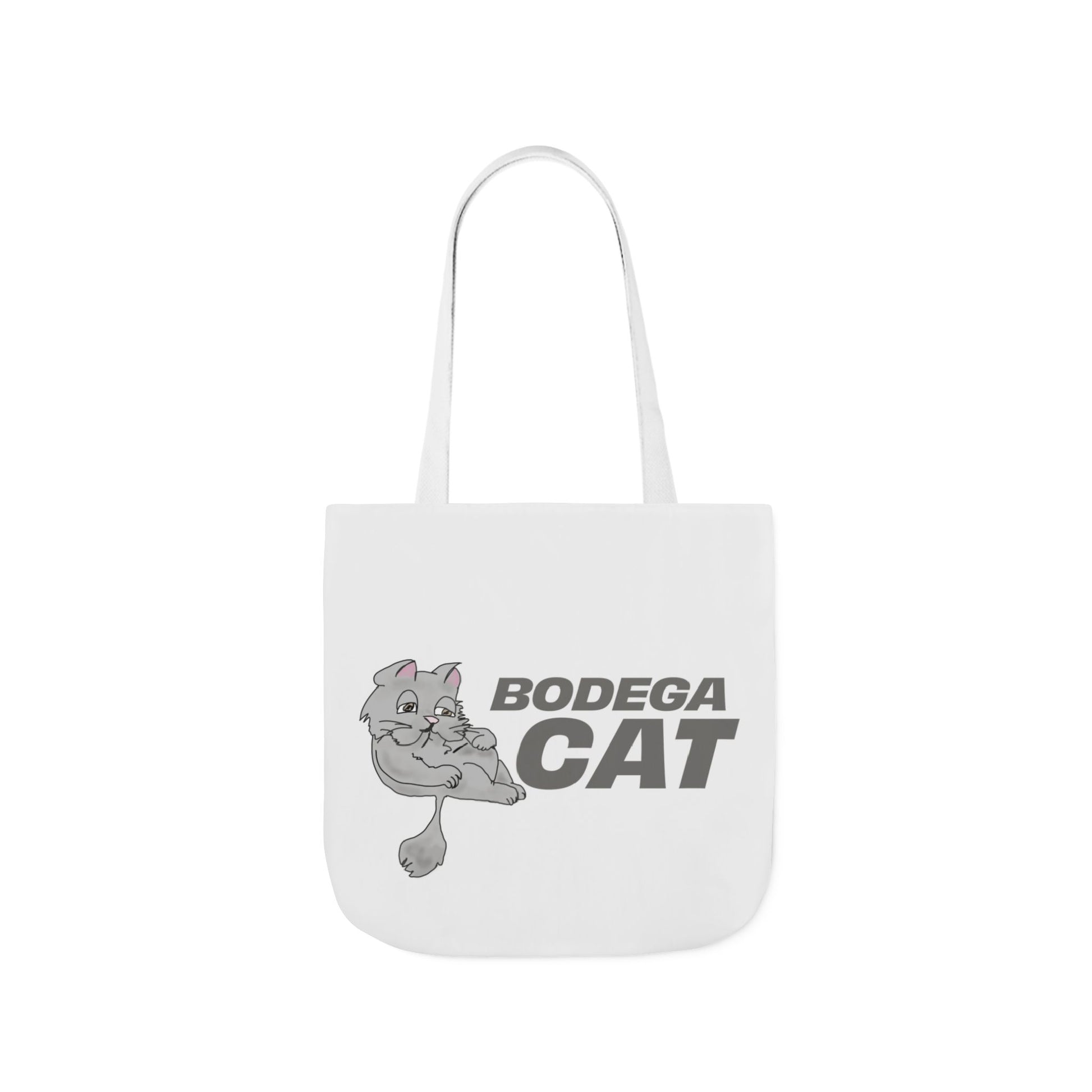 White tote bag featuring a cartoon cat illustration and the text "Bodega Cat"