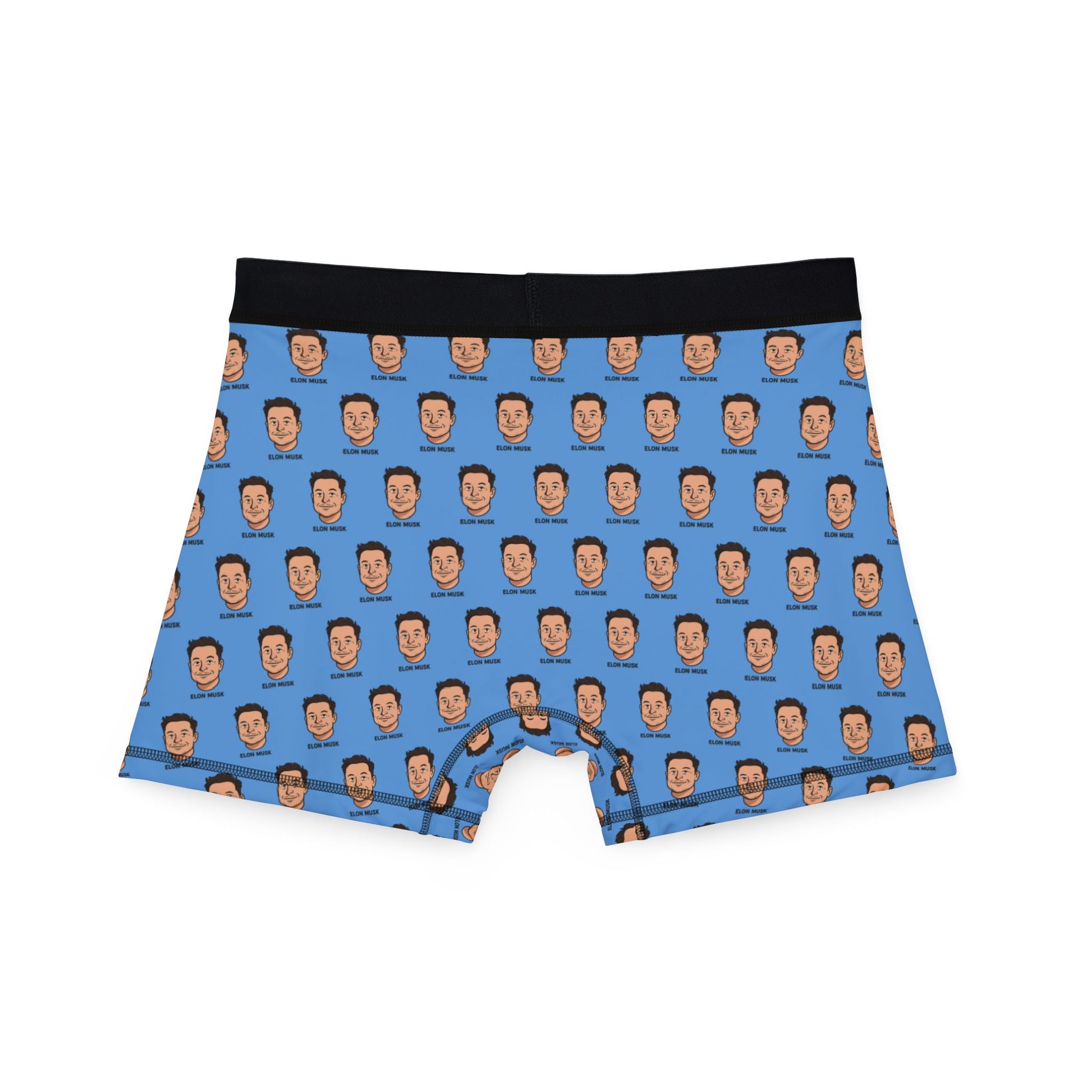 Flat back view of blue Elon Musk Boxer Briefs showing full rear print of cartoon Elon illustrations.