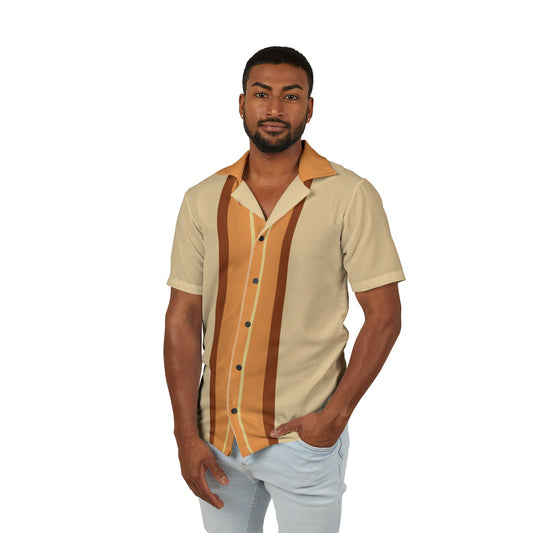 Peach Golf Men's Shirt featuring warm-toned vertical stripes in a retro button-up design, perfect for vintage-inspired and casual resort fashion.