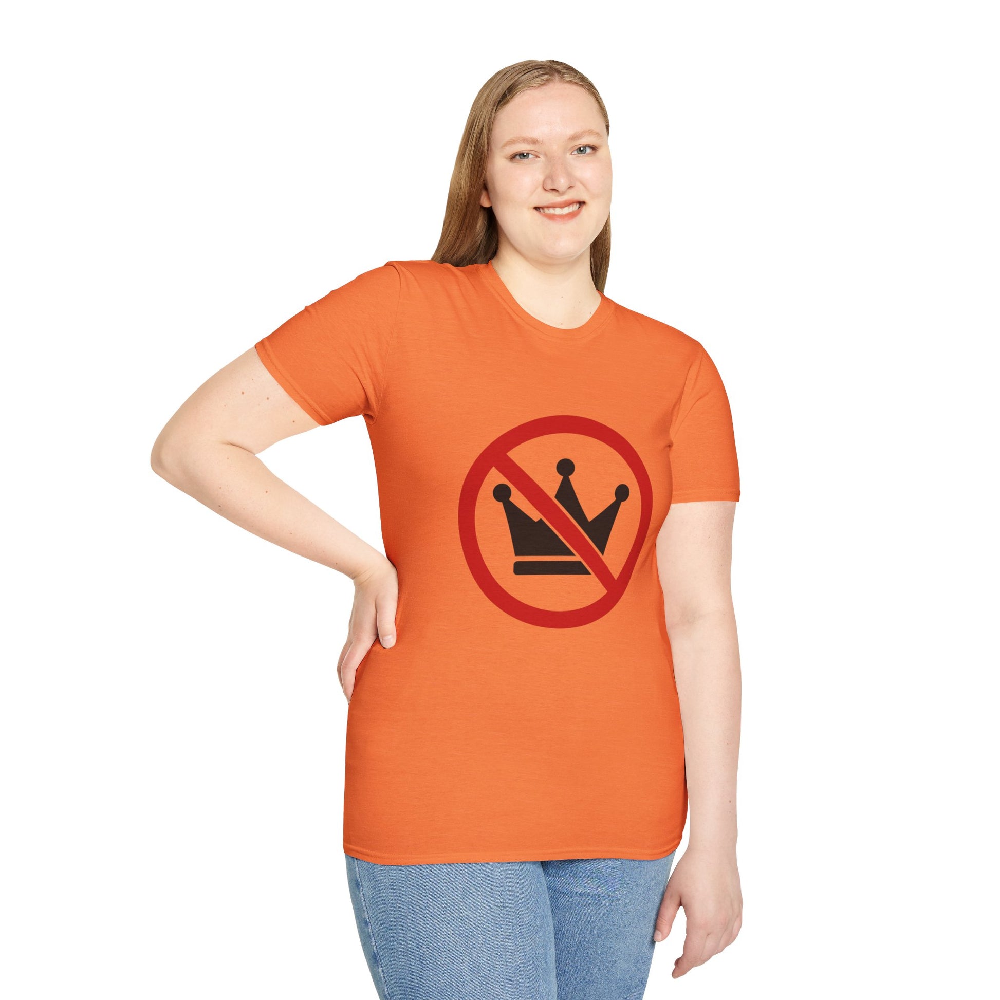 Person wearing an orange t-shirt with a symbol on a white background