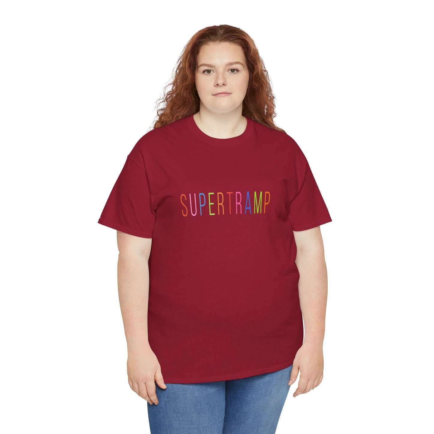 Model wearing burgundy Supertramp t-shirt, multicolor band logo.