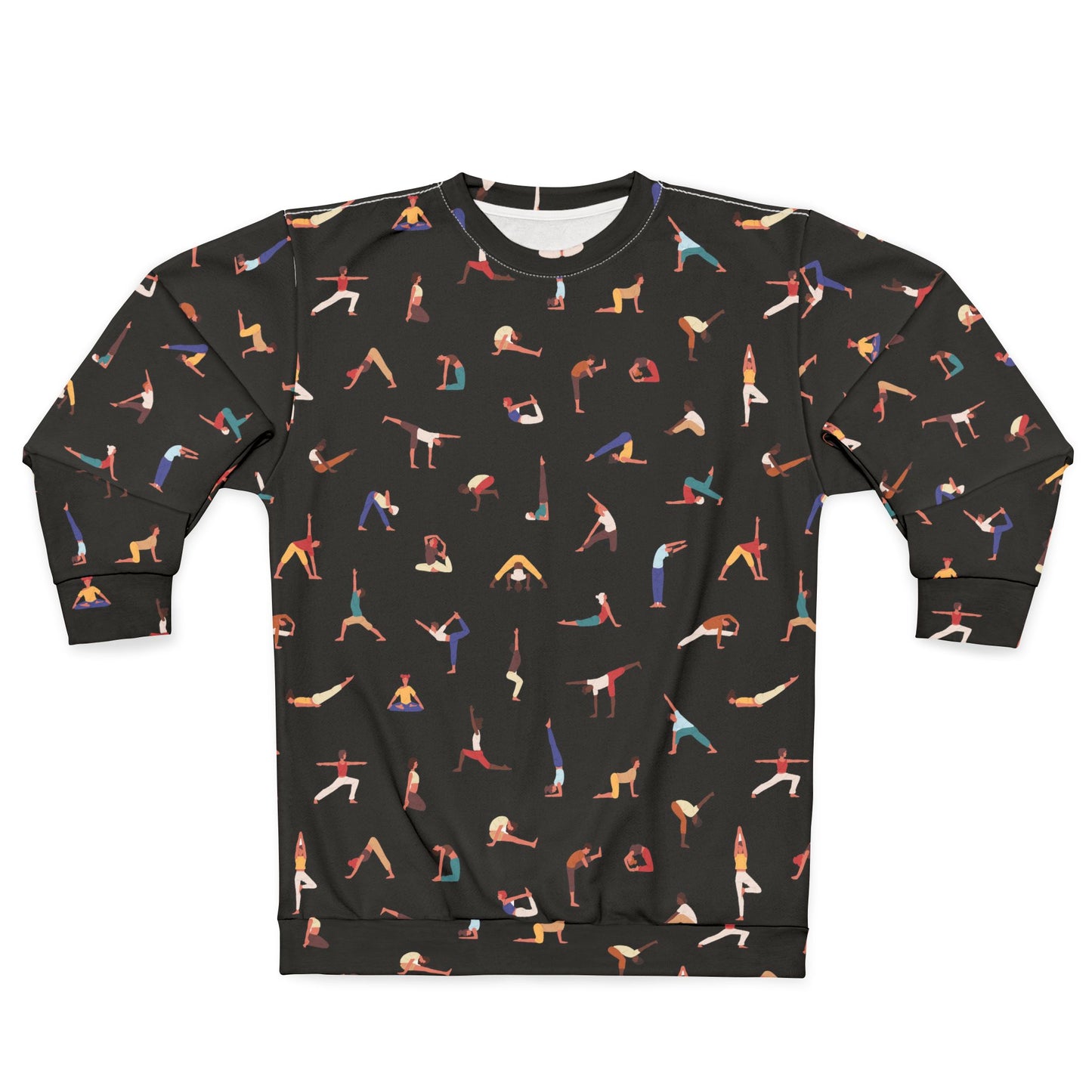 Front view of unisex Yogini Sweatshirt Black with colorful yogini poses
