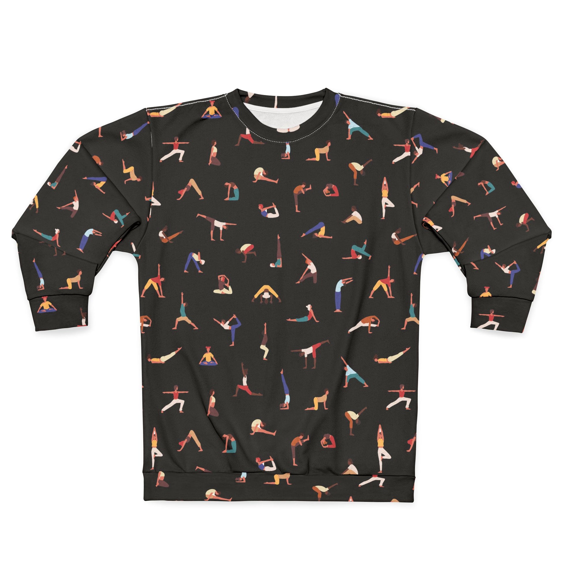 Front view of unisex Yogini Sweatshirt Black with colorful yogini poses