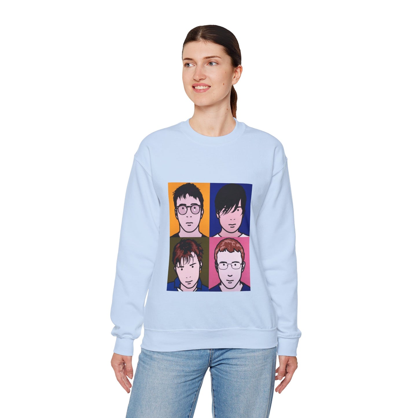 Male model wearing Light Blue Blur Tribute Unisex Sweatshirt with Blur artwork.