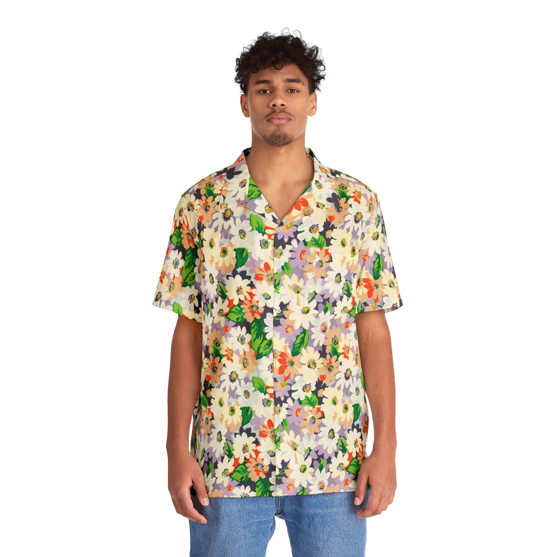 Men’s Floral Button-Up Shirt with vintage-inspired botanical print, lightweight breathable fabric, and relaxed Hawaiian style for summer and beach vacations.