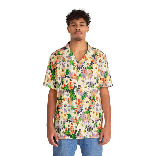Men’s Floral Button-Up Shirt with vintage-inspired botanical print, lightweight breathable fabric, and relaxed Hawaiian style for summer and beach vacations.