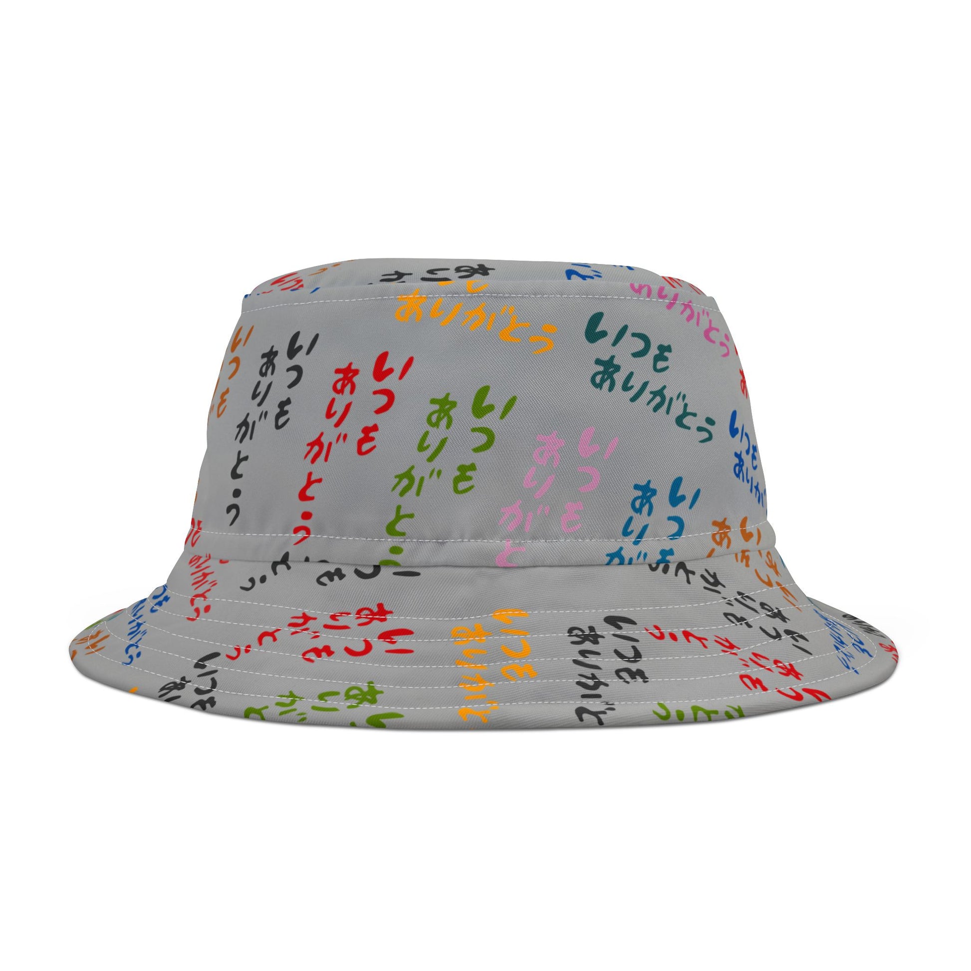 Japanese Text Bucket Hat displayed flat, showing all-over text pattern.