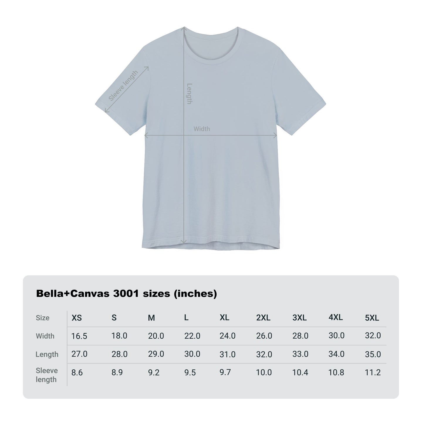 Light blue E.T T-Shirt next to printed size chart for reference