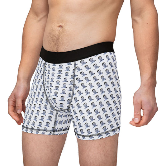 Male model front angle view wearing Benny Hill Men’s Boxers with black waistband and playful comedy print