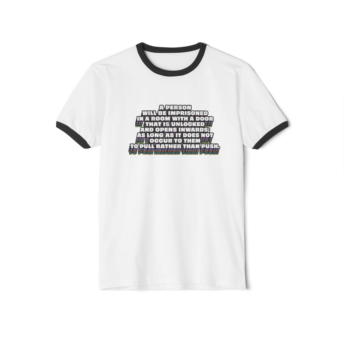White Clever Quote Unisex T-Shirt flat lay with black collar and printed quote