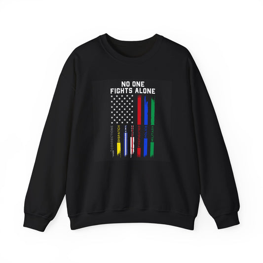 Front view of black Veterans Day sweatshirt with “No One Fights Alone” flag design