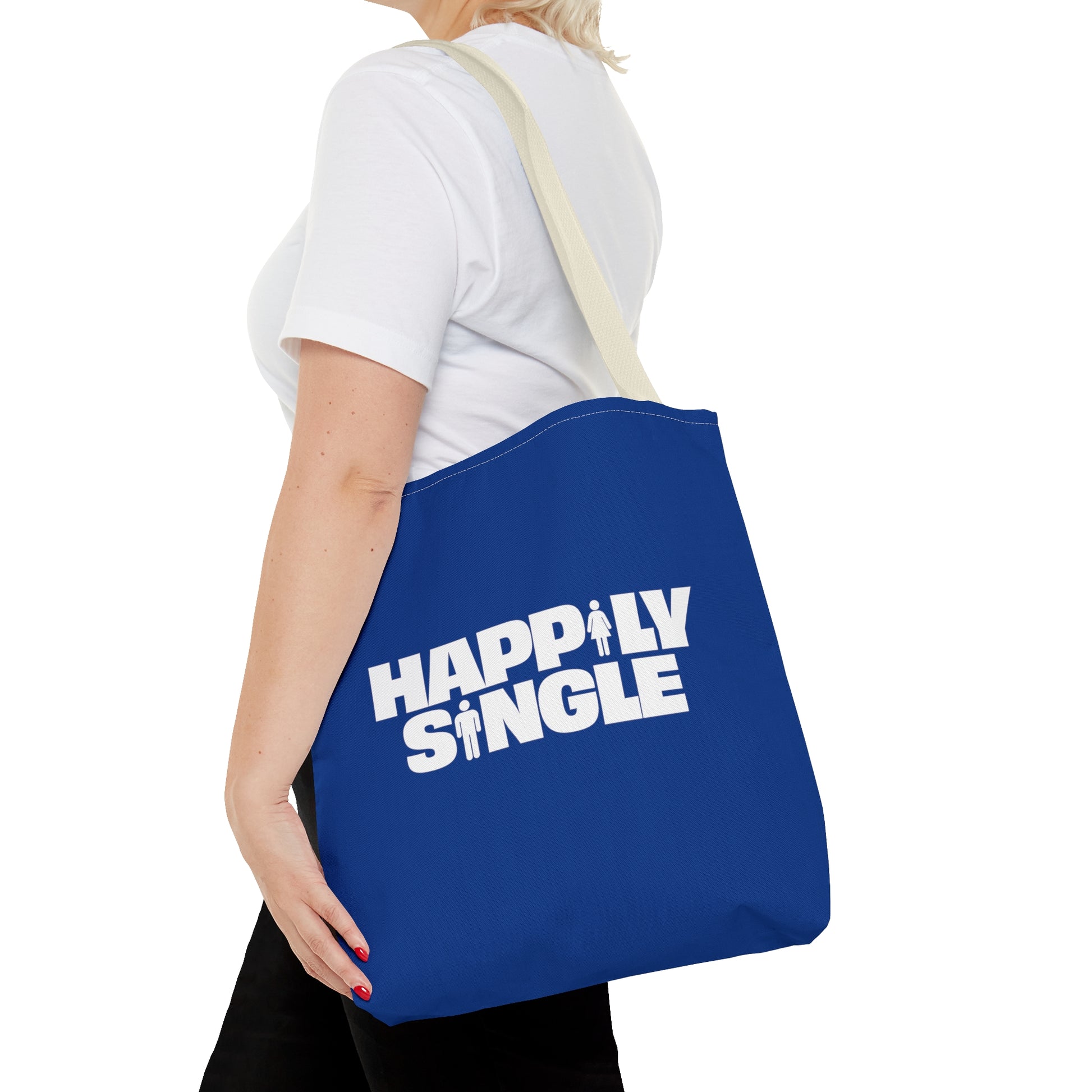 Blue tote bag featuring the bold white text "Happily Single" with small male and female icons