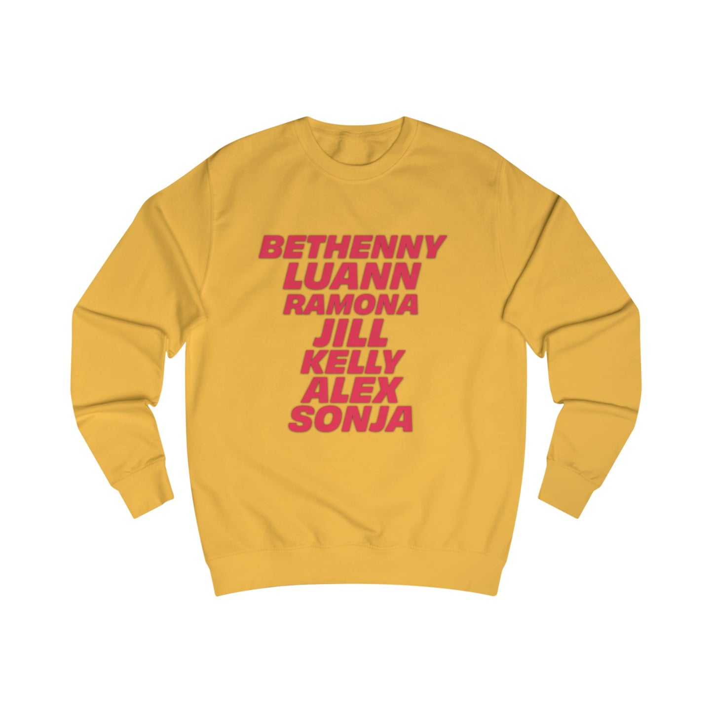 Front view mockup of yellow OG NY Housewives men’s sweatshirt with red graphic print