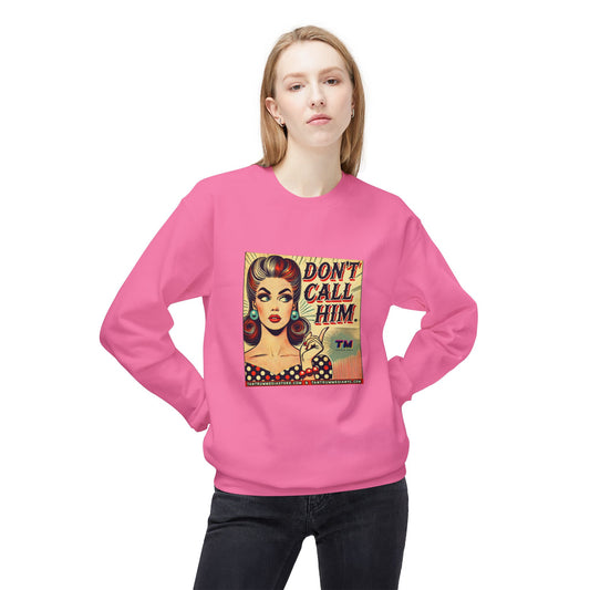 Model in pink sweatshirt featuring retro pop art graphic with woman saying “DON’T CALL HIM”