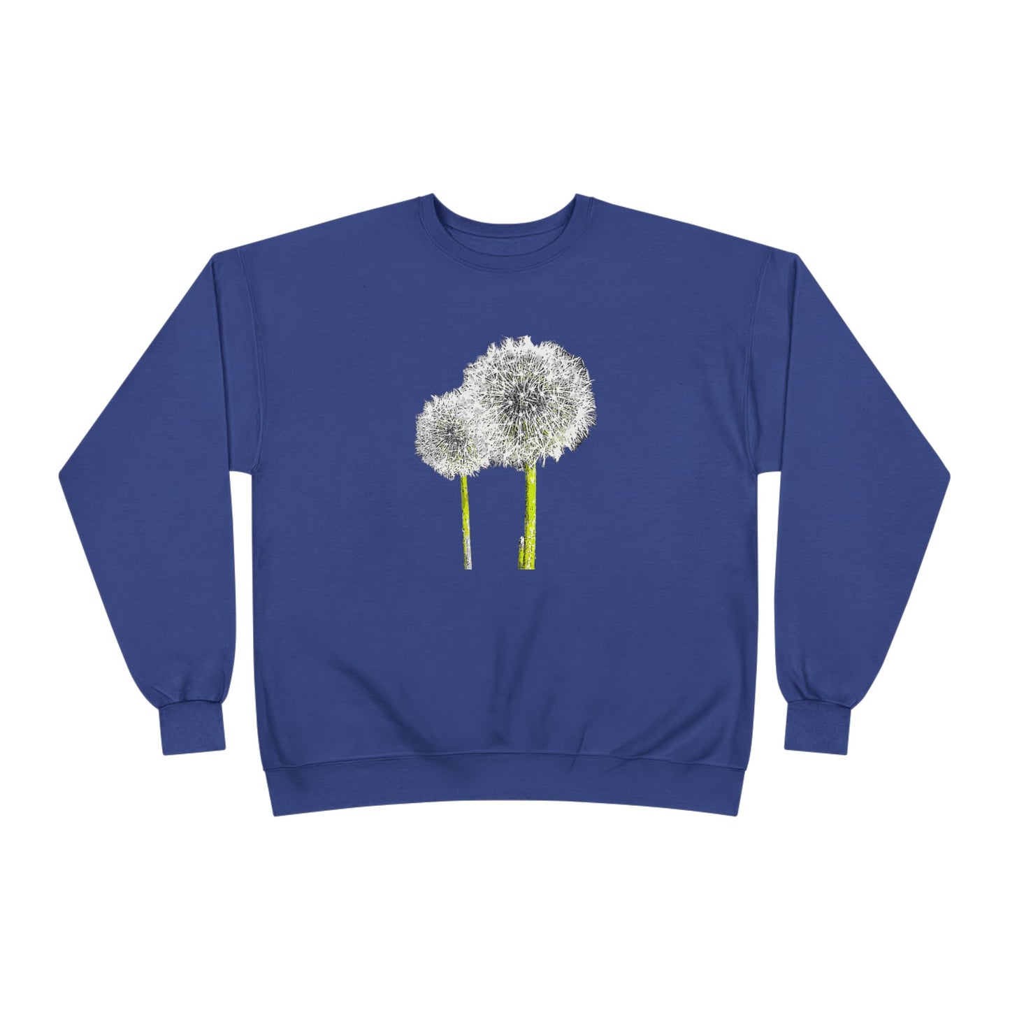 Blue Tantrum Media Dandelion Unisex Sweatshirt with white dandelion print, flat on white background