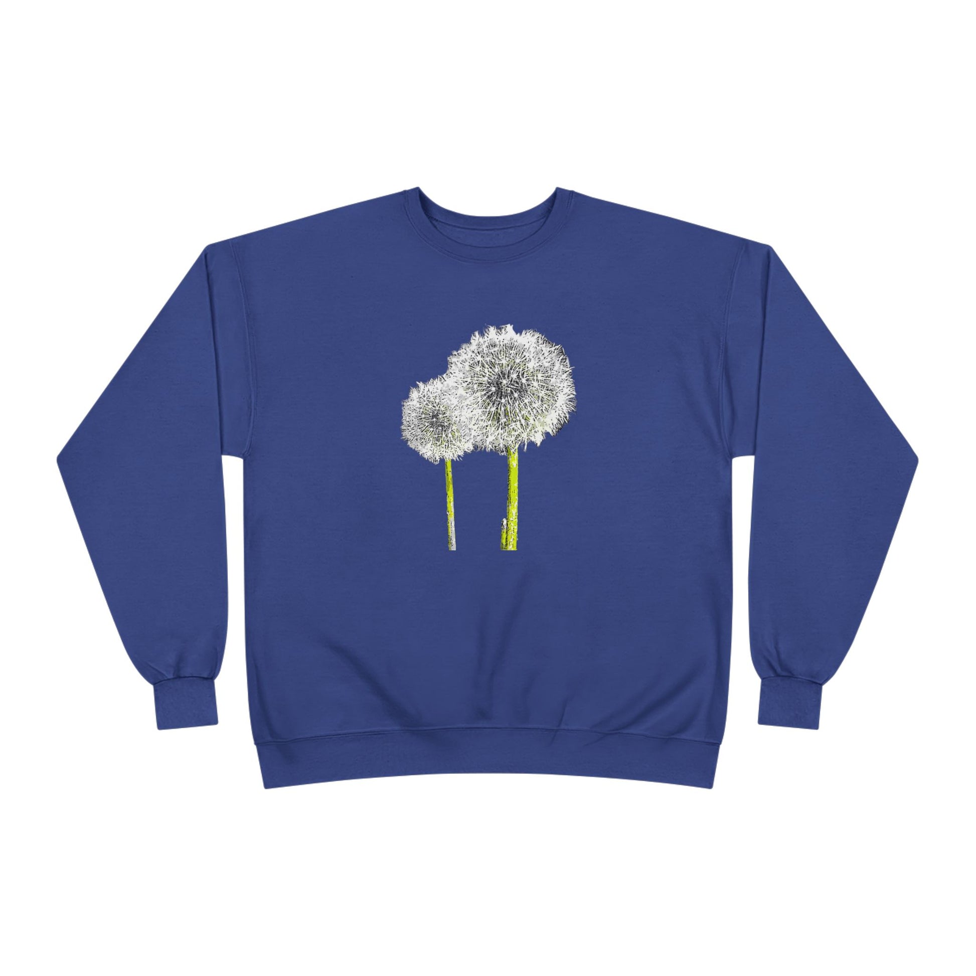 Blue Tantrum Media Dandelion Unisex Sweatshirt with white dandelion print, flat on white background