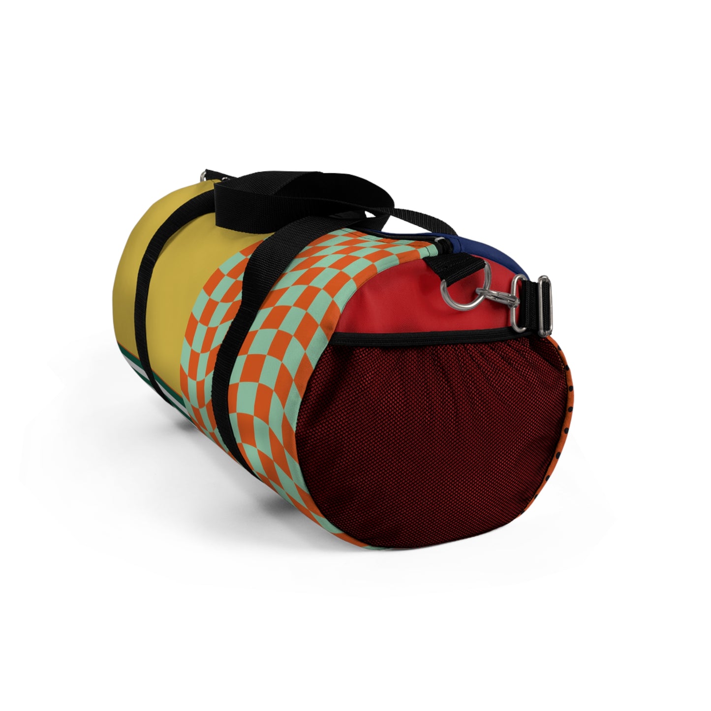 Rear angled close view of Urban Vibes duffel bag with red end panel and pattern blend
